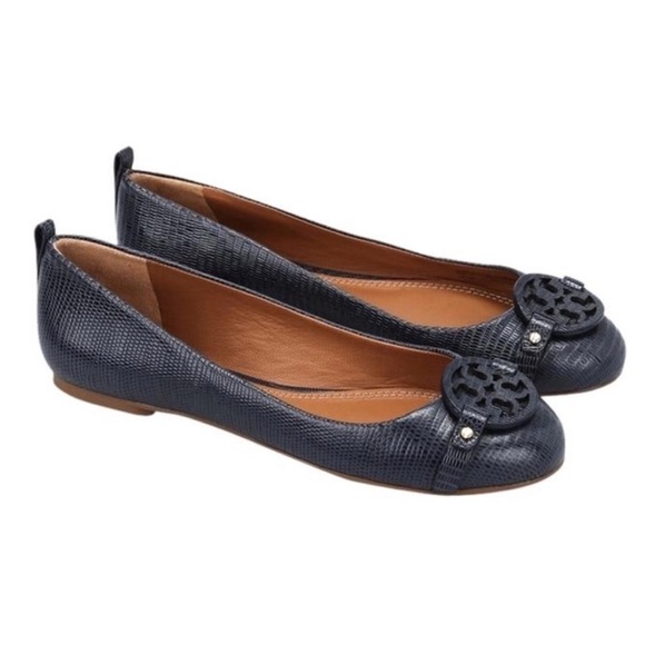 Tory Burch Mini Miller Leather Logo Flats Matte Micro Tejus Print Navy Blue 8.5 - Picture 1 of 13